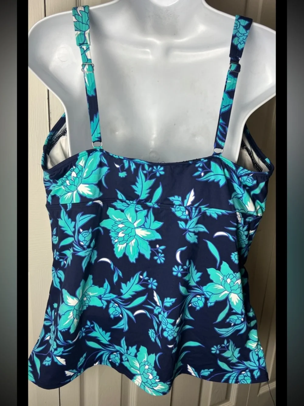 LANDS END Bathing Suit Tankini Briefs V Neckline Floral Blue Turquoise Underwire